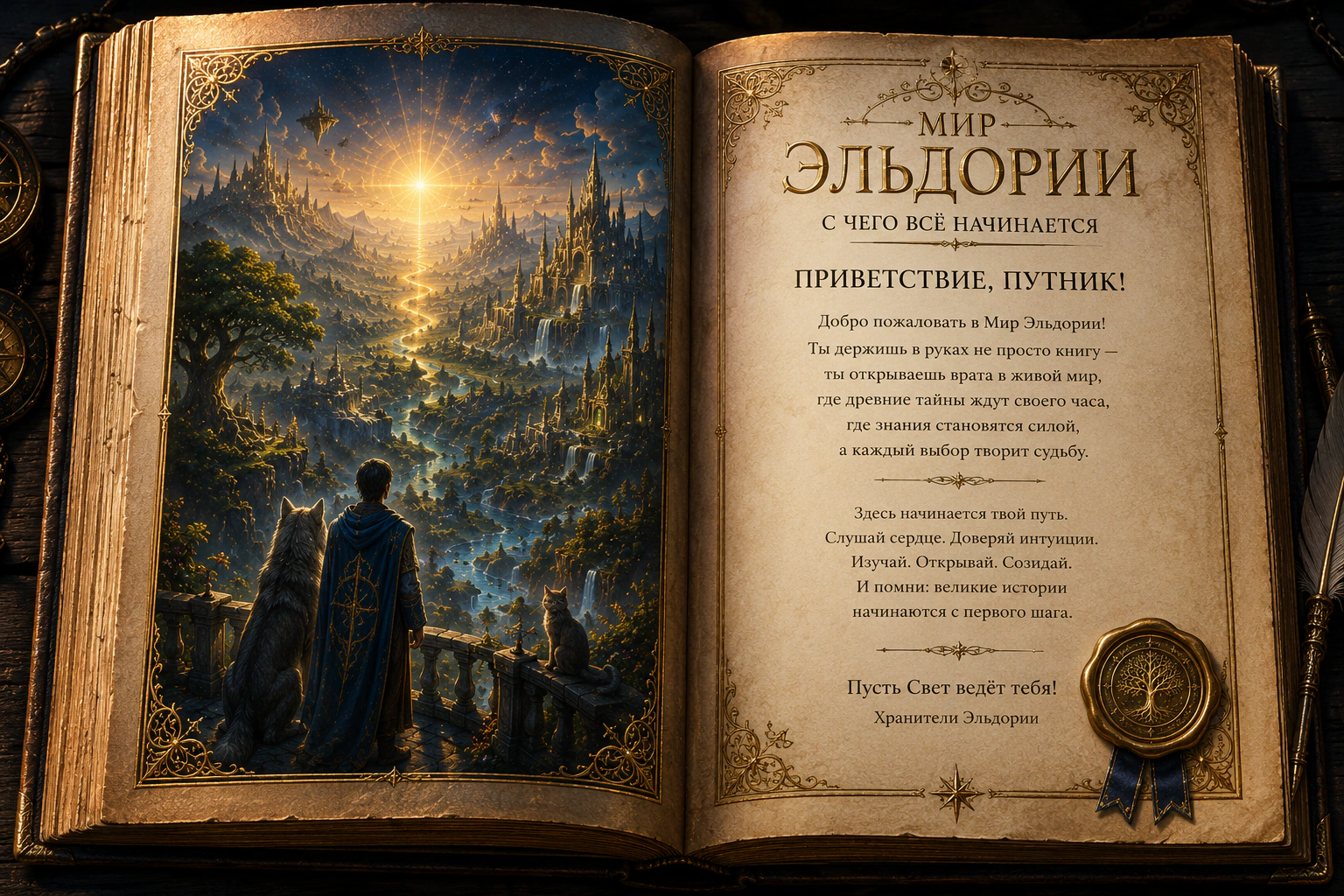 Открытая книга с приветствием путнику и видом Эльдории